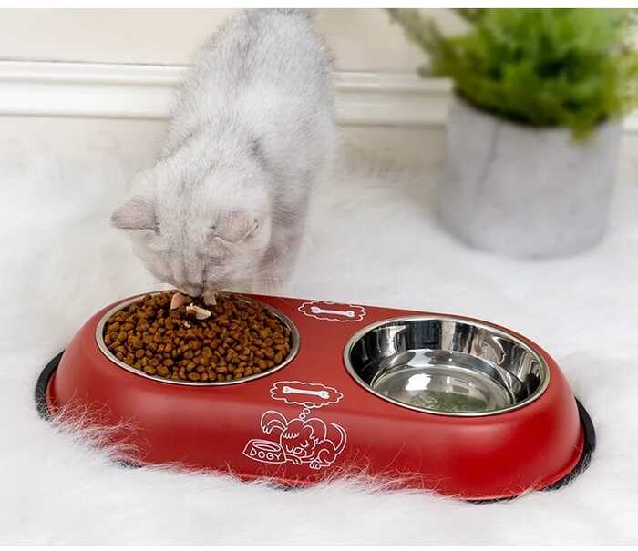 Printed Stainless Steel Double Sided Food & Water Bowl for Pet Cat , Puppy & Dog