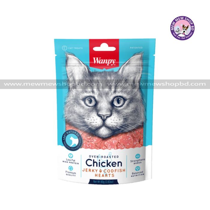 Wanpy Oven-Roasted Chicken Jerky and Codfish Hearts for Cats 80g