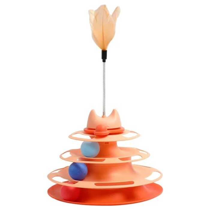 Pet Cat Toy Four-tier Turnable Roller Balls Tower Toy with Feather