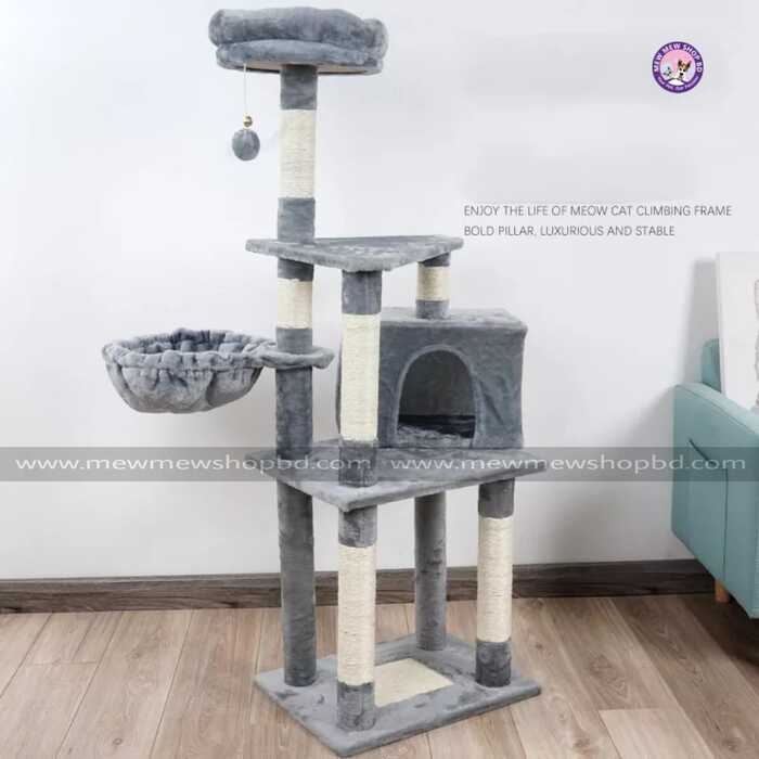 4 Tier Cat Scratching Platform Post Wooden Shelf Board Scratcher Round Hammock Cat Tree with Plush Ball
