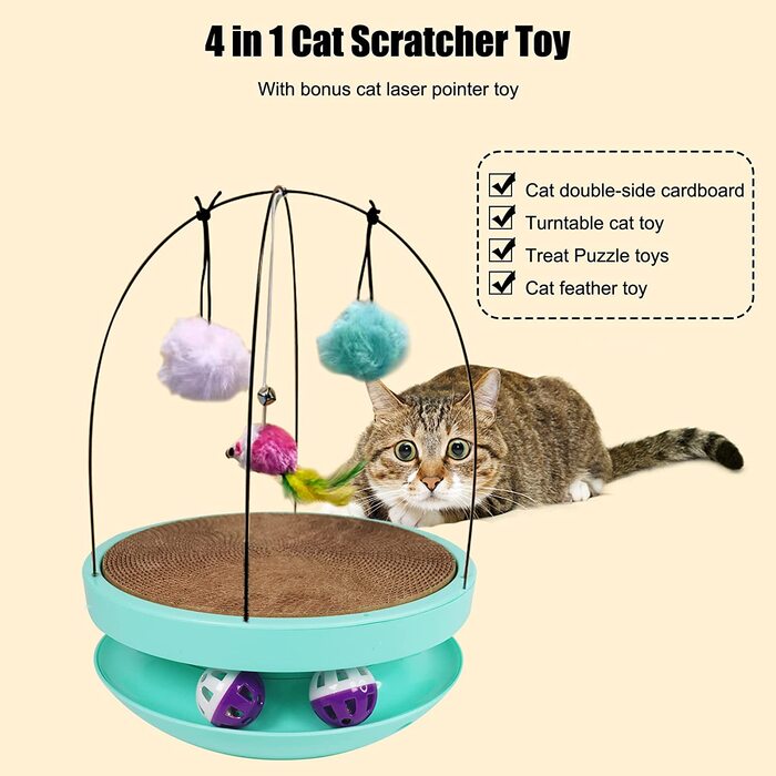 4 in 1 Detachable Pet Cat Scratcher Tumble Food Dispenser Toy with Hanging Plush Ball  & Mouse