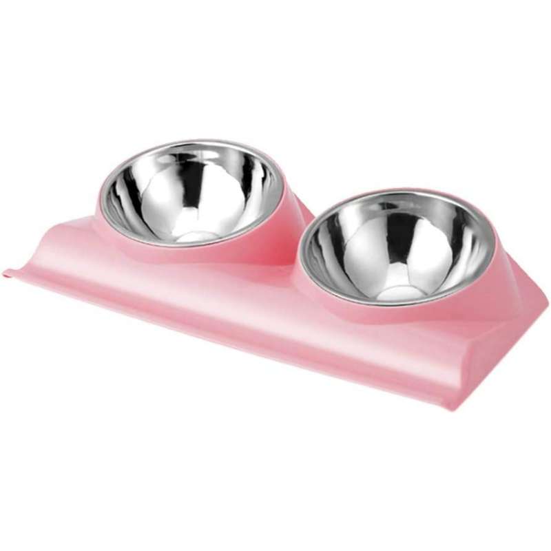 Double Pet Cat & Dog Food Bowl with Metal Stand Raised 15 Degree Tilted