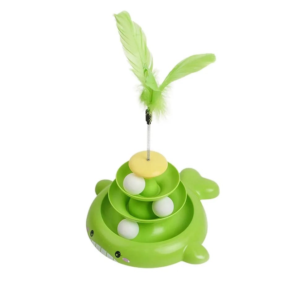 3Tier Turnable Disk Tower Toy with Feather Fish Design Basement for Pet Cat