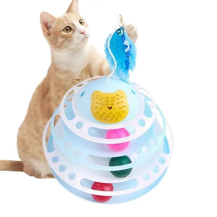 4Tier Turnable Tower  Toy with Feather Stand & catnip Powder Holder for Pet Cat-(1Pcs)