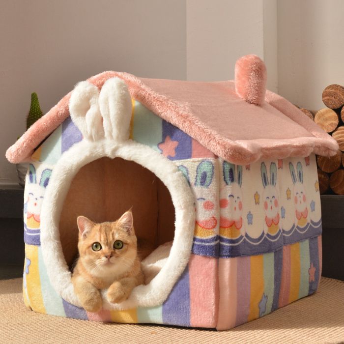 Rabbit Ear Design Tent shape Enclosed Warm House Plush Sleeping Bed for Pet Cat