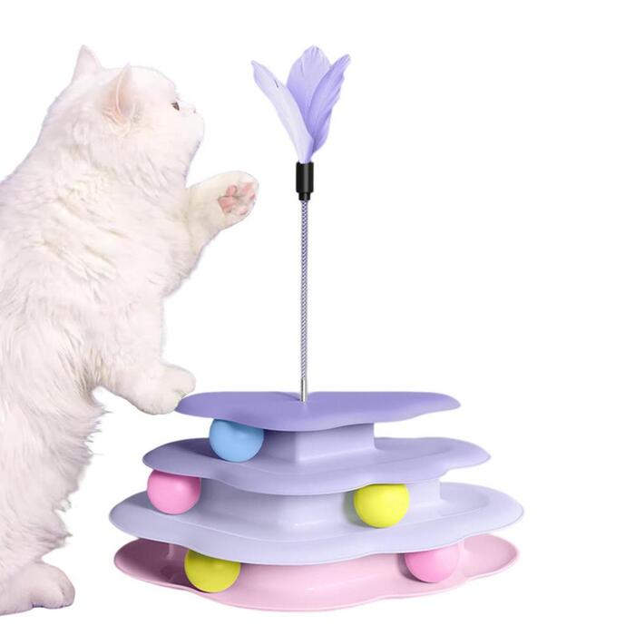 Wink Honey Diagonal Shape Cat Turnable Ball Multi-level Tower Toy with Feather Cat Ball Track Toy
