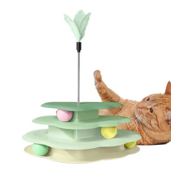 Wink Honey Diagonal Shape Cat Turnable Ball Multi-level Tower Toy with Feather Cat Ball Track Toy