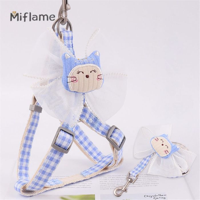 Medium Sized Check Printed Bow Knot Cartoon Harness for Pet Cat & Puppy