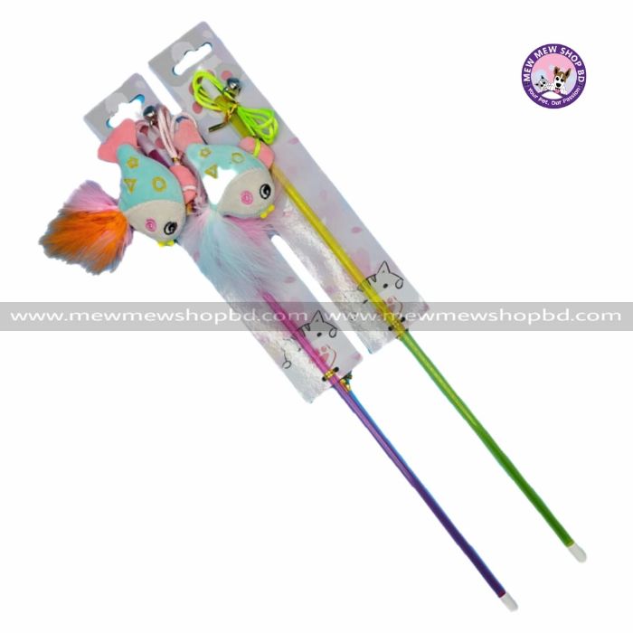 Random Printed Feather Fish Teaser Toy with Plastic Stick for Pet Cat