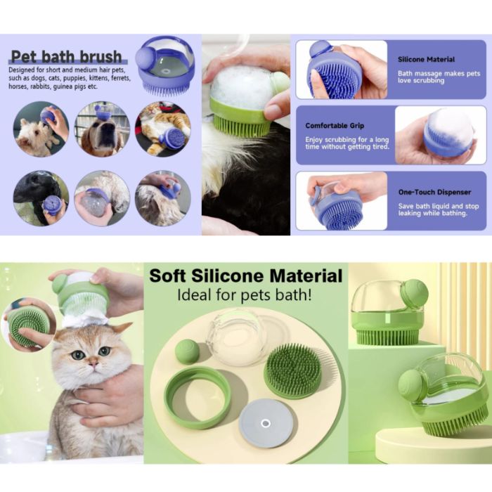 Pet Bath Brush with Soap and Shampoo Dispenser Leak-proof Silicone Brush for Cats & Dogs