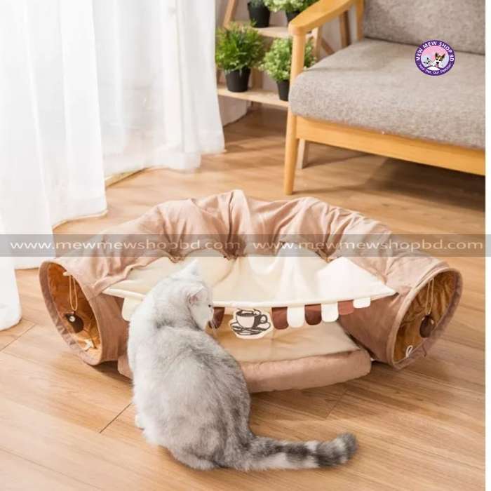 Pet Cats Tunnel Toy with Funny Ball, Collapsible Tunnel Bed and Cushion Mat