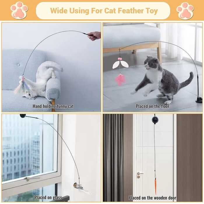 Cat Bird Toy Suction Cup Kitten Feather Teaser Toy Stick Swing Interactive Cat Toys