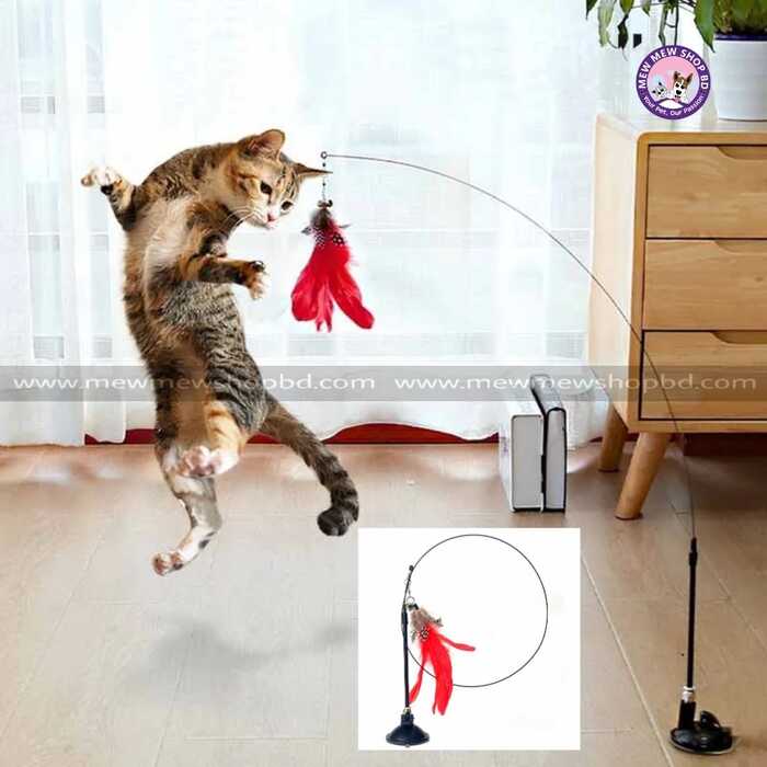 Red Cat Feather Toy Suction Cup Kitten Feather Teaser Toy Stick Swing Interactive Cat Toys