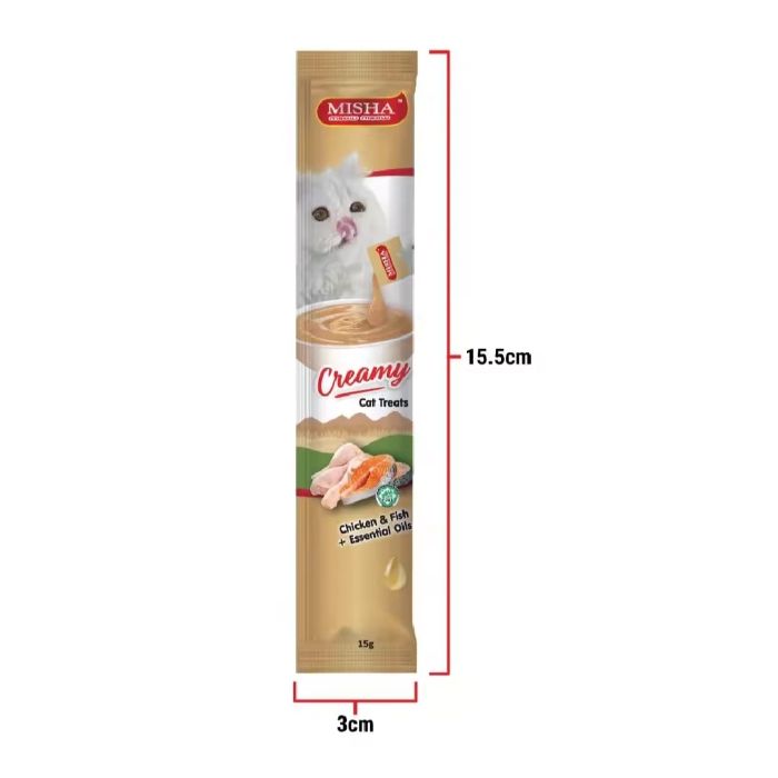 MISHA Creamy Cat Treats Chicken & Fish, Essentials Oil (15g x 6 sticks)