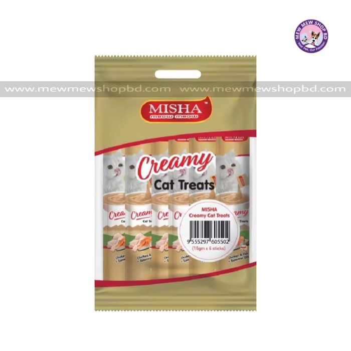 MISHA Creamy Cat Treats Chicken & Fish, Essentials Oil (15g x 6 sticks)