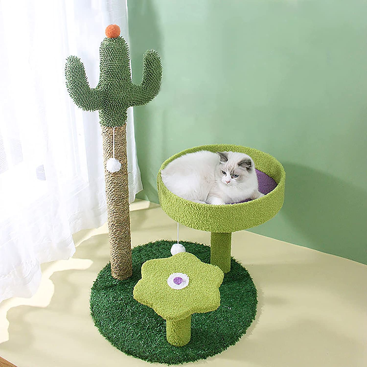 Nature Sisal Cat Scratcher Tower Tree House with Cat Perch, Cactus Cat Climbing Frame for Cats and Kittens