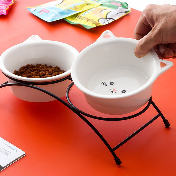 Cat Shape Ceramic Food Bowl Double Food & Water Bowl for Pet Cat & Puppy