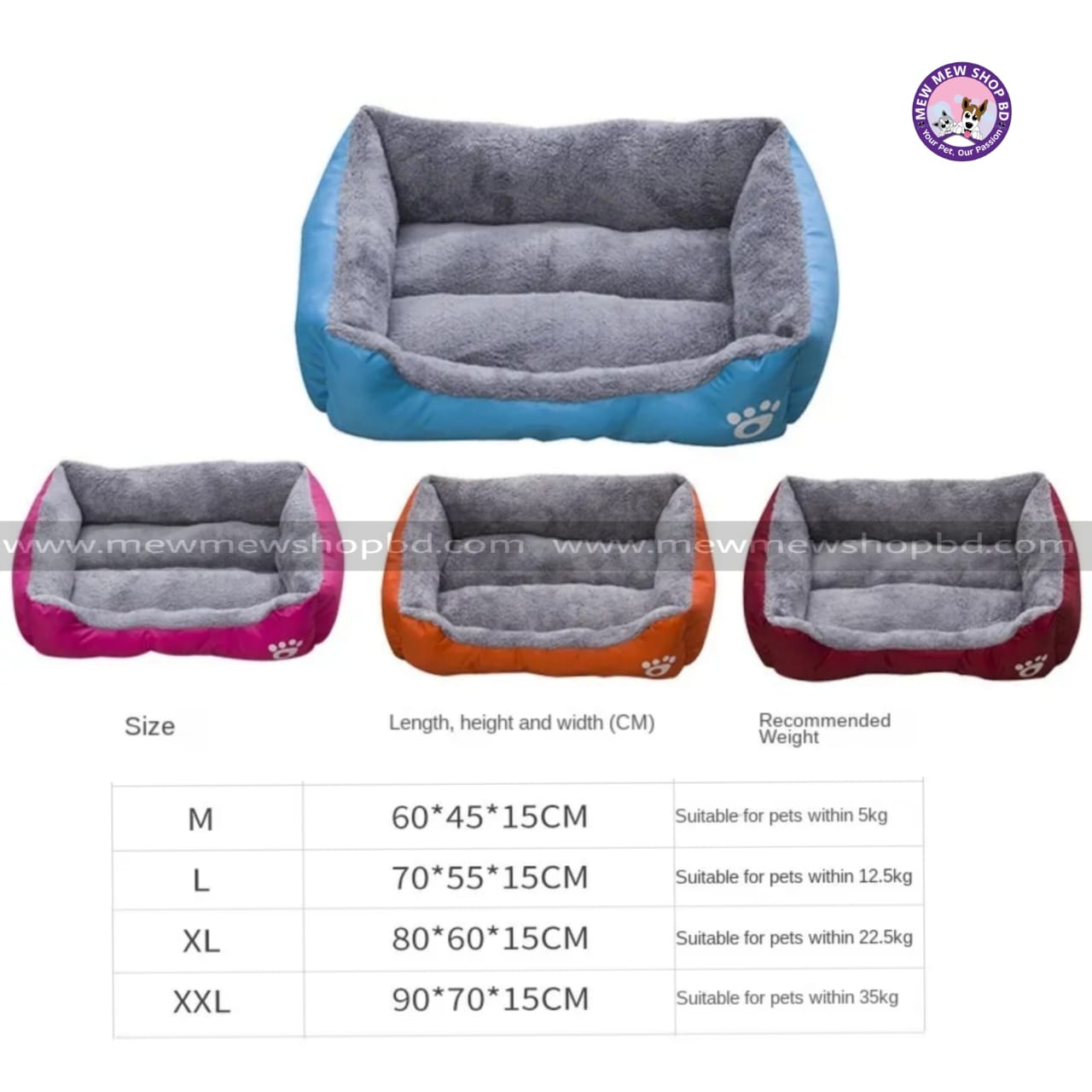 Rectangle Shape Paw Print Pet Bed For Cat and Dog