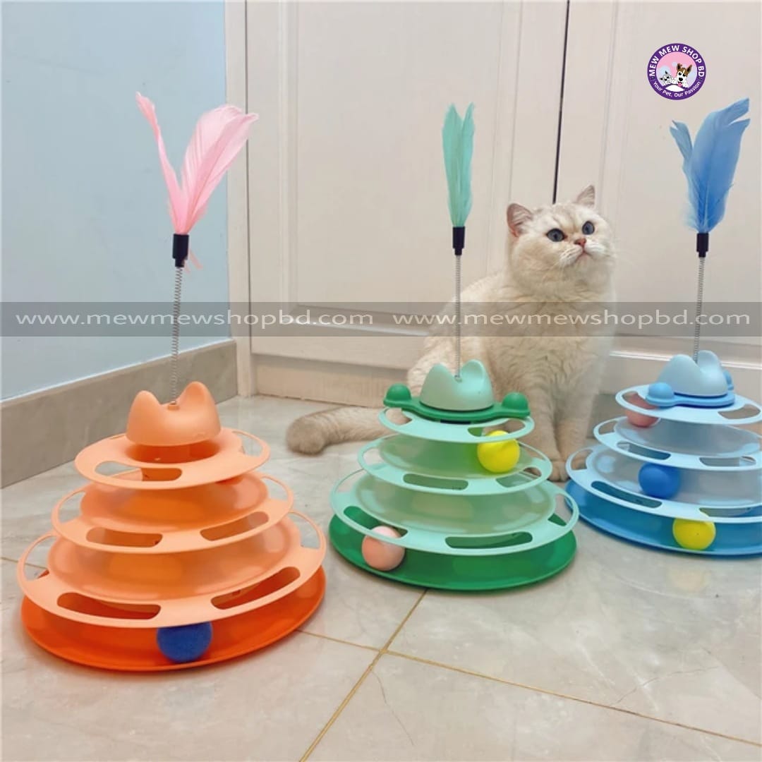 Pet Cat Toy Four-tier Turnable Roller Balls Tower Toy with Feather