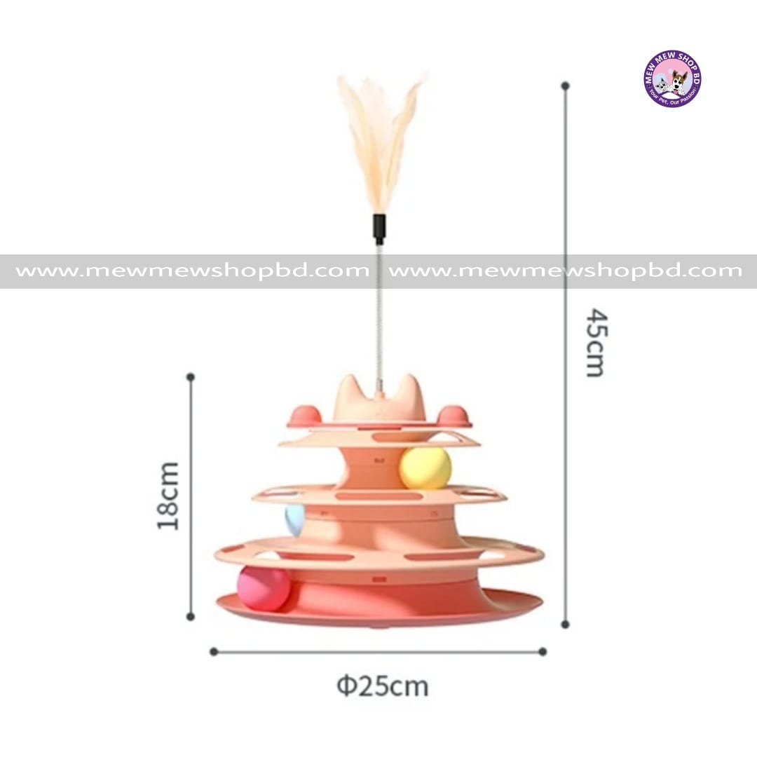Pet Cat Toy Four-tier Turnable Roller Balls Tower Toy with Feather