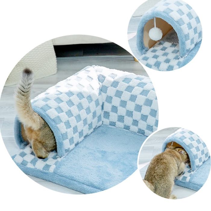 Multi purpose Pet Cat Tunnel 2 In 1 Extensible Tunnel Bed House for Cat with Hanging Plush Toy