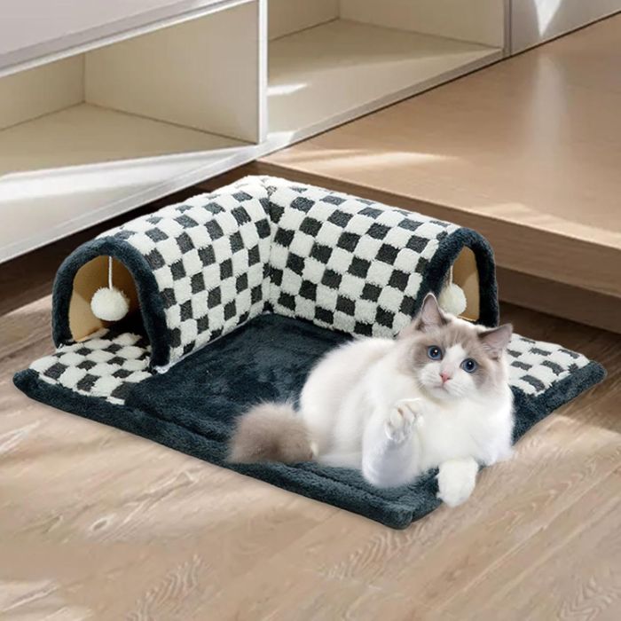 Multi purpose Pet Cat Tunnel 2 In 1 Extensible Tunnel Bed House for Cat with Hanging Plush Toy