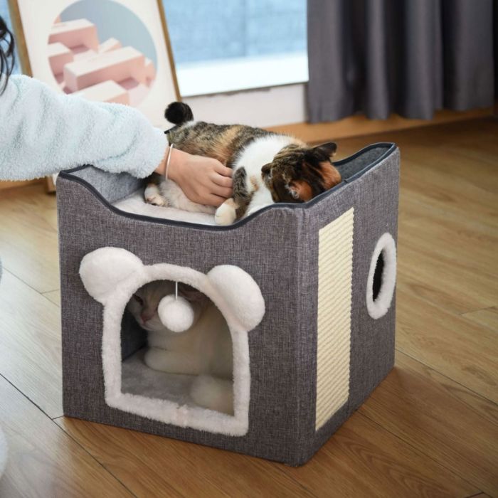 Cartoon Design Foldable Double Decker Pet Cat & Dog Stool House with Scratching Pad