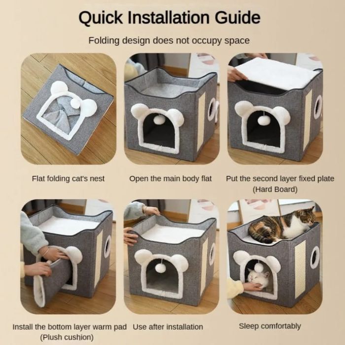 Cartoon Design Foldable Double Decker Pet Cat & Dog Stool House with Scratching Pad