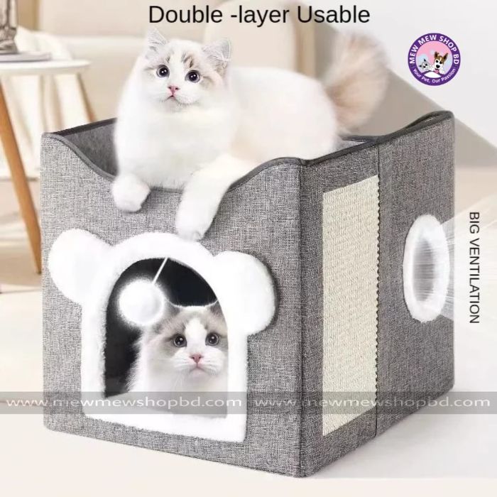 Cartoon Design Foldable Double Decker Pet Cat & Dog Stool House with Scratching Pad