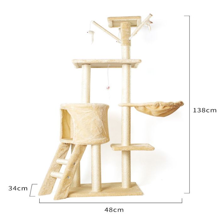 Pet Cat Scratching Post / Tree with Hammock & Stair Having 3pcs Sisal Stick Mouse on Top