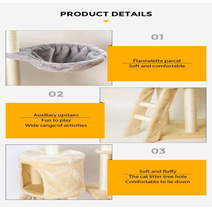 Pet Cat Scratching Post / Tree with Hammock & Stair Having 3pcs Sisal Stick Mouse on Top