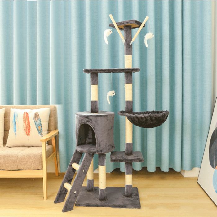 Pet Cat Scratching Post / Tree with Hammock & Stair Having 3pcs Sisal Stick Mouse on Top