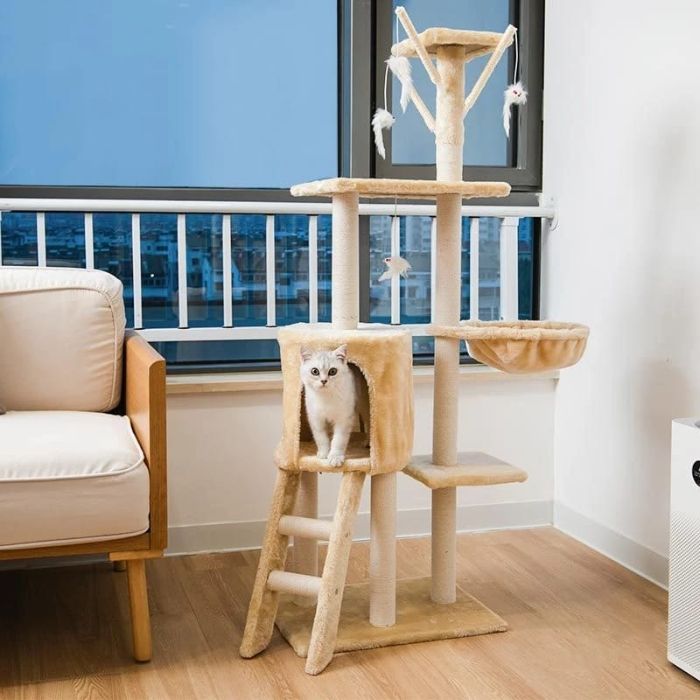 Pet Cat Scratching Post / Tree with Hammock & Stair Having 3pcs Sisal Stick Mouse on Top