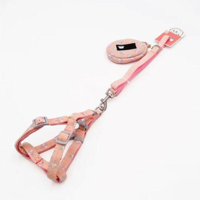 Floral Printed Premium Denim Fabric Harness with Leash for Pet Cat & Puppy