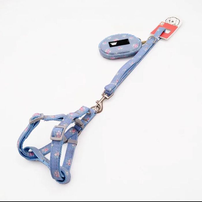 Floral Printed Premium Denim Fabric Harness with Leash for Pet Cat & Puppy