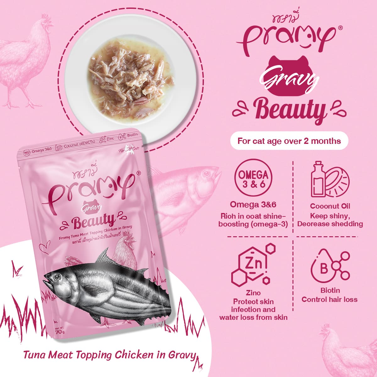 Pramy BEAUTY Pouch Tuna Meat Topping Chicken Meat in Gravy for All Cats 70gm