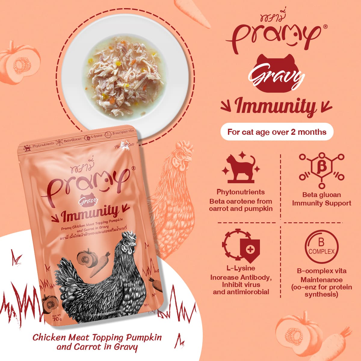 Pramy IMMUNITY Pouch Chicken Meat Topping Pumpkin and Carrot in Gravy for All Cats 70gm