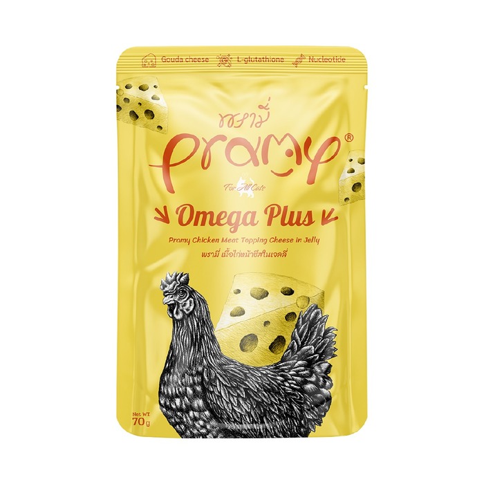 Pramy OMEGA PLUS Pouch Chicken Meat Topping Cheese in Jelly for All Cats 70gm