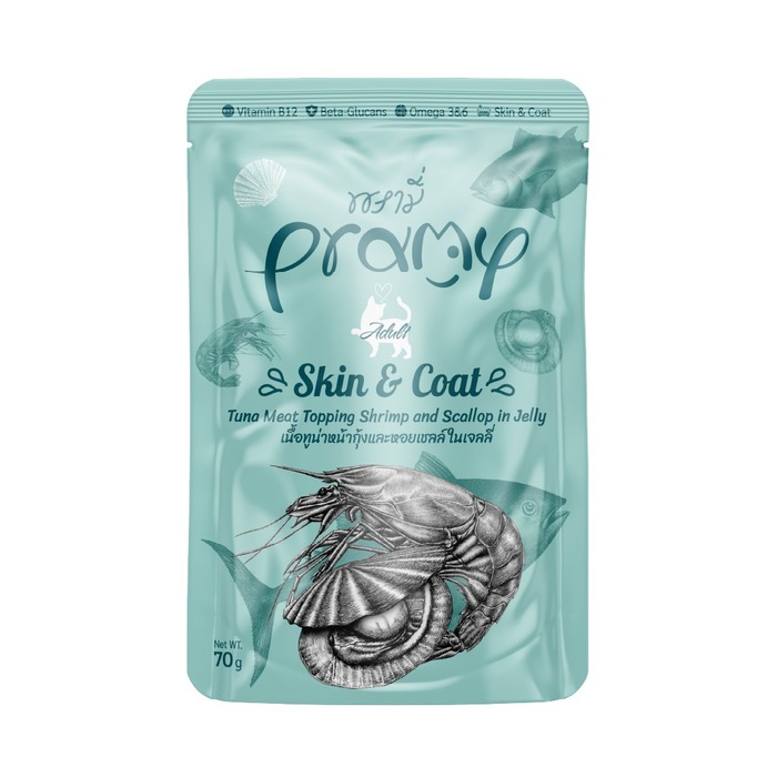 Pramy SKIN & COAT Pouch Tuna Meat Topping Shrimp & Scallop in Jelly for Adult 70gm