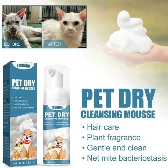 YEGBONG Waterless Cat Foam Dry Shampoo No Rinse Dogs Cats Cleaning Mousse Pet Grooming Supplies For Safe Bathless Cleaning Odor Eliminator 60ml
