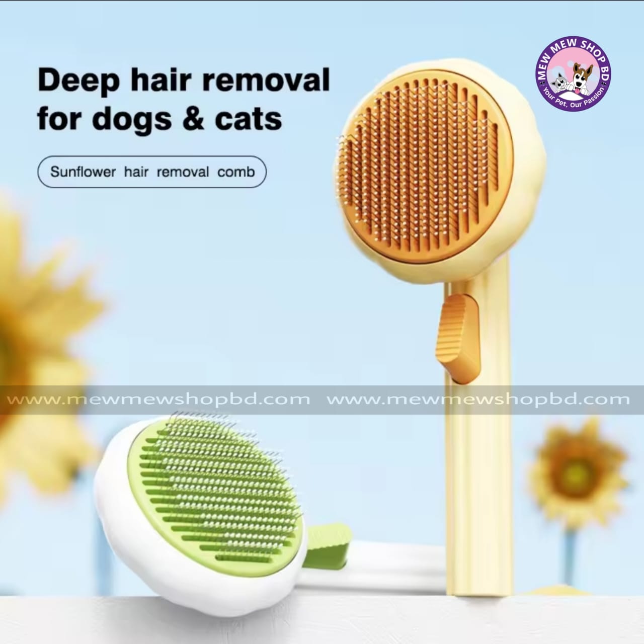 Sunflower Design Deep Hair Removal Grooming Brush for Pet Cat & Dog with Button