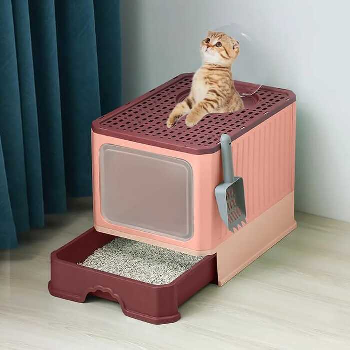 Pet Cat Toilet Litter Box with Lid Drawer System Foldable Large Including Pastic Scoop (Inside Dhaka Only)